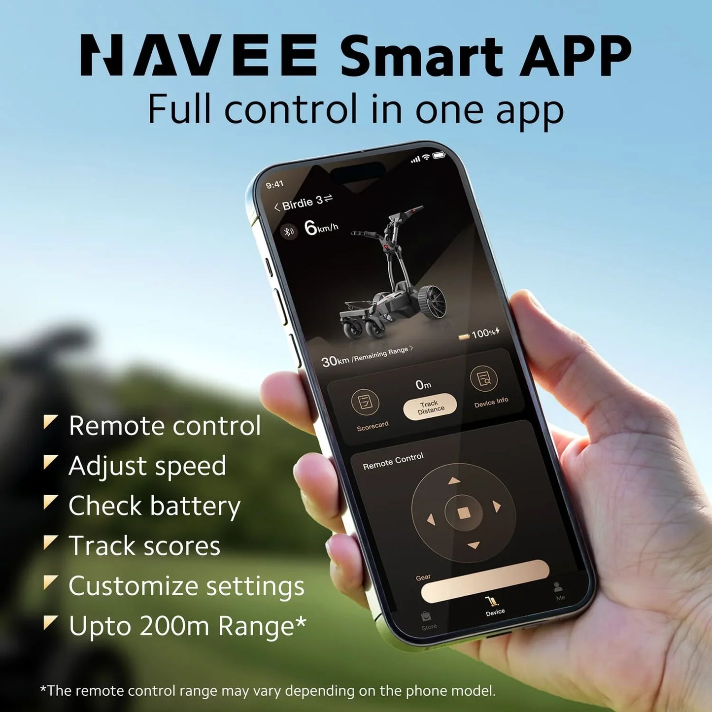 Hand holding a smartphone with NAVEE Smart APP displayed, showing features like remote control and speed adjustment.