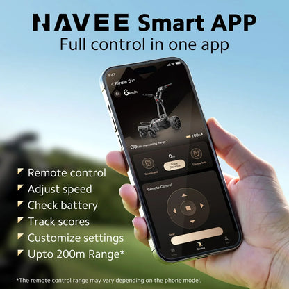Hand holding a smartphone with NAVEE Smart APP displayed, showing features like remote control and speed adjustment.
