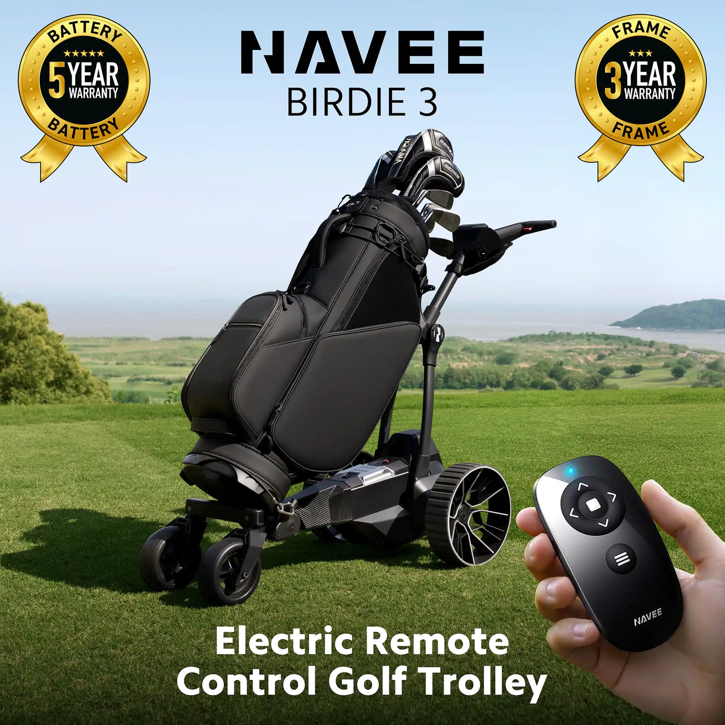 Navee Birdie 3 electric remote control golf trolley with warranty badges on a golf course background.