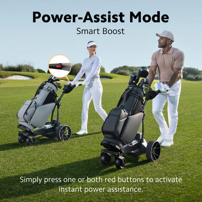 Two golfers with power-assist Navee electric golf trolleys on a golf course, highlighting the 'Smart Boost' feature.