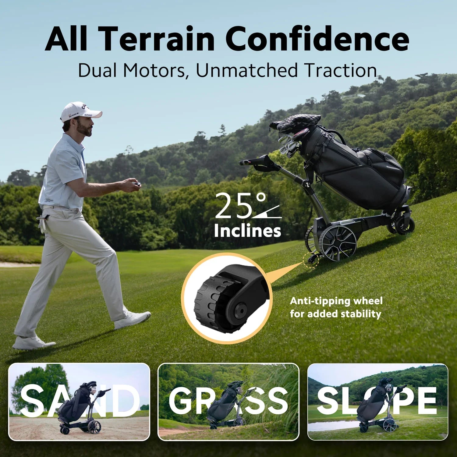 Man remotely using a Navee electric golf trolley on a golf course showing how good it is over all terrain.