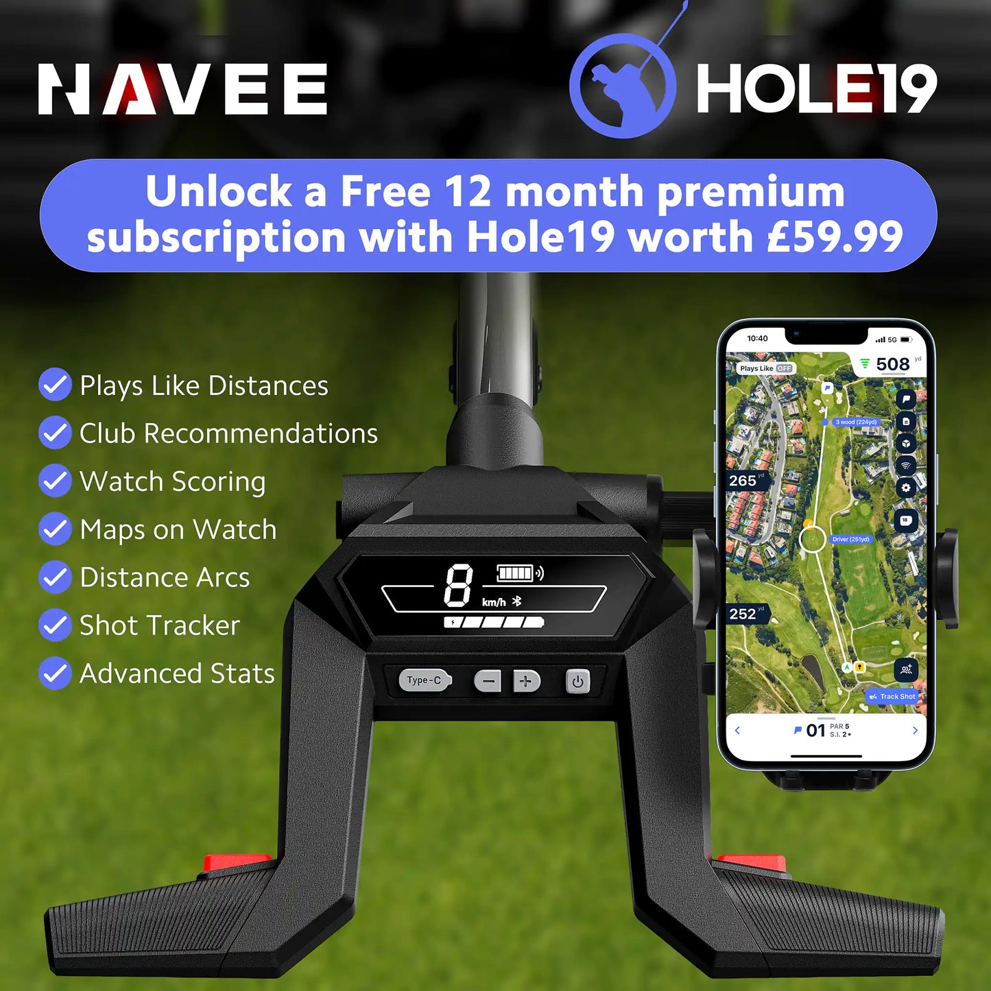 Hole19 Free 12 month promotional offer when buying a Navee golf trolley