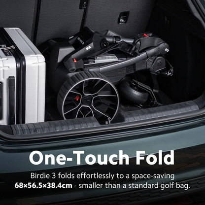 Foldable Navee electric golf trolley in a car boot with text highlighting 'One-Touch Fold' feature.