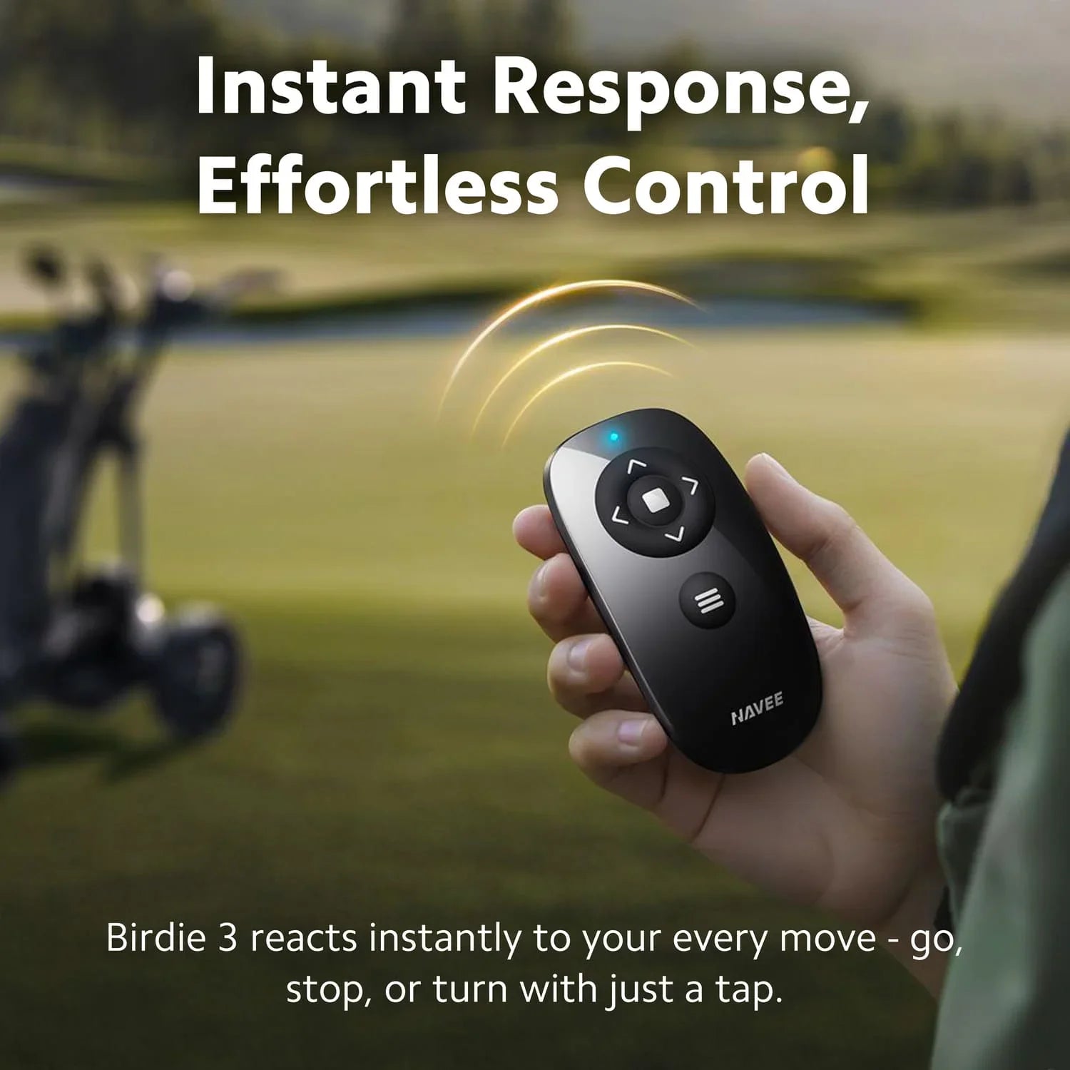 Hand holding a Navee remote shows instant response and effortless control